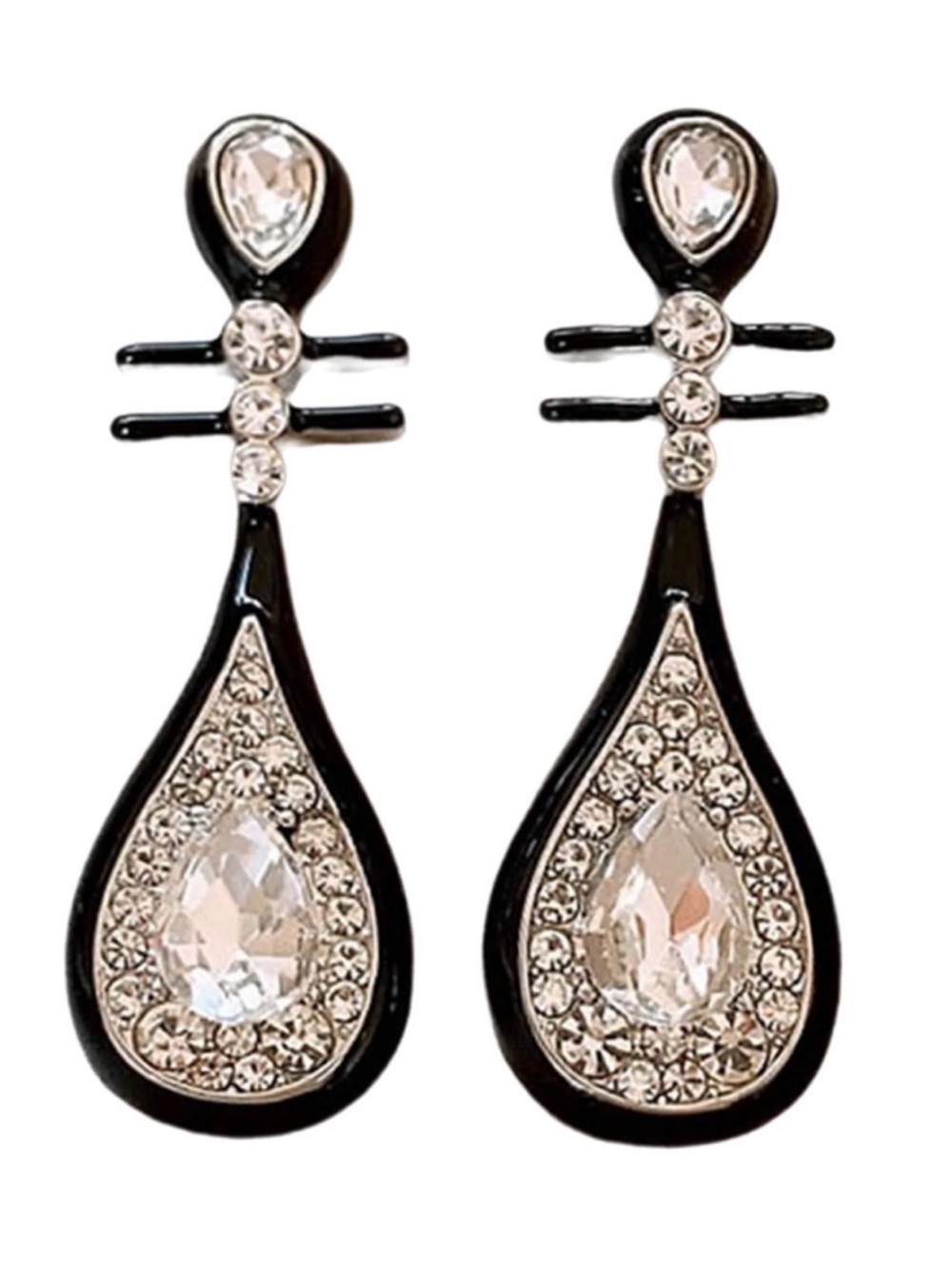 Elegant Black and Clear Teardrop Crystal Dangle Earrings
